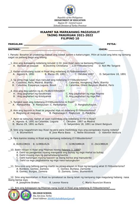 FILIPINO 10: Final Exam .